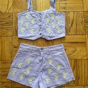 NWT Lilac Denim Set with embroidered details
